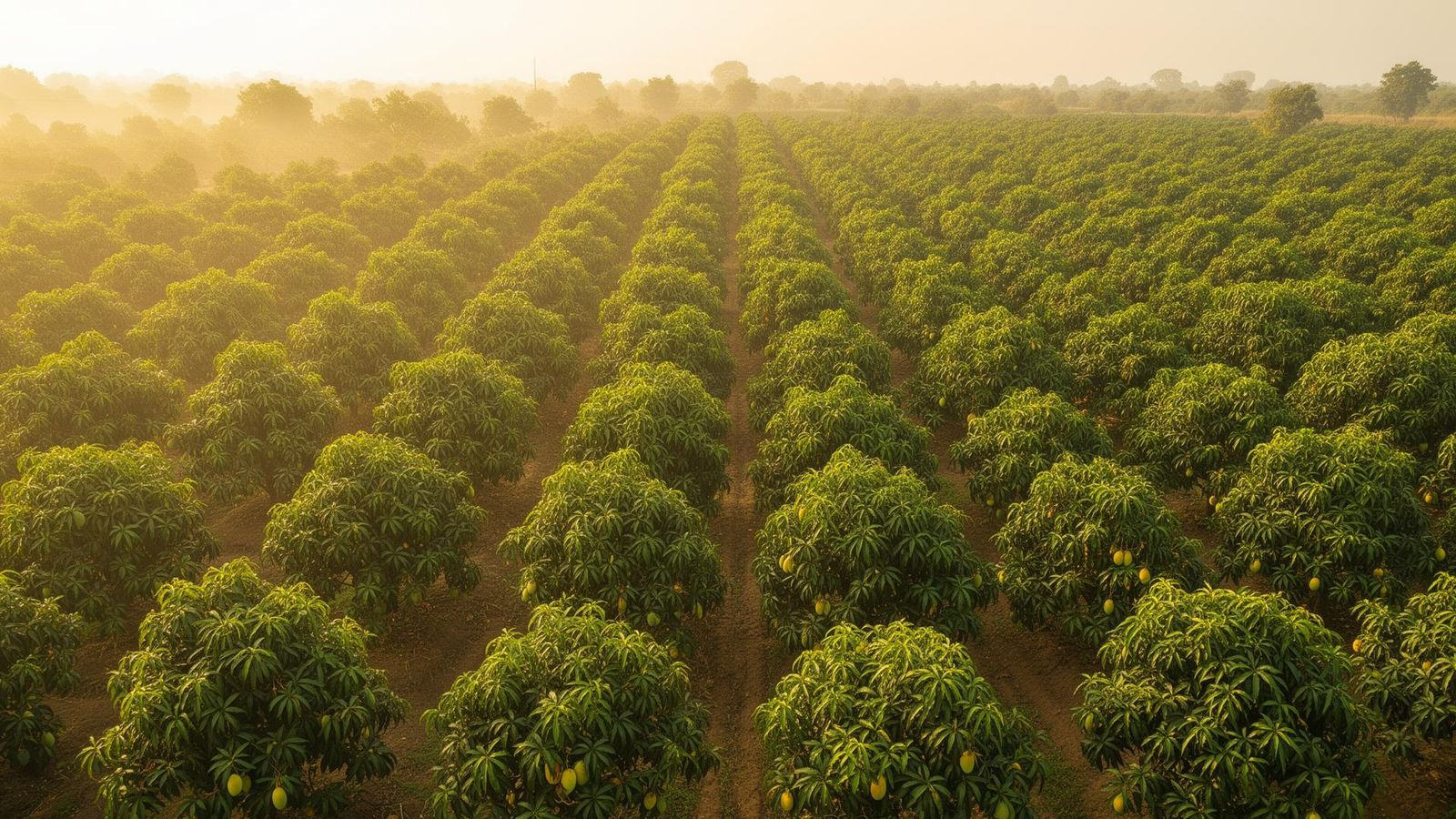 Sohla Farms Kesar mango orchard at golden hour, Piparla, Bhavnagar